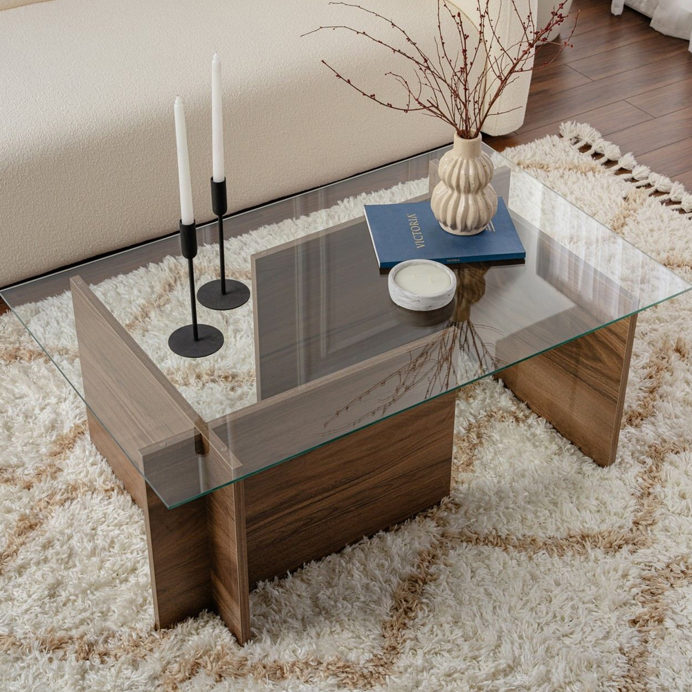 Vetrio Rectangular Clear Glass Coffee Table with Venezia Walnut Wooden Base