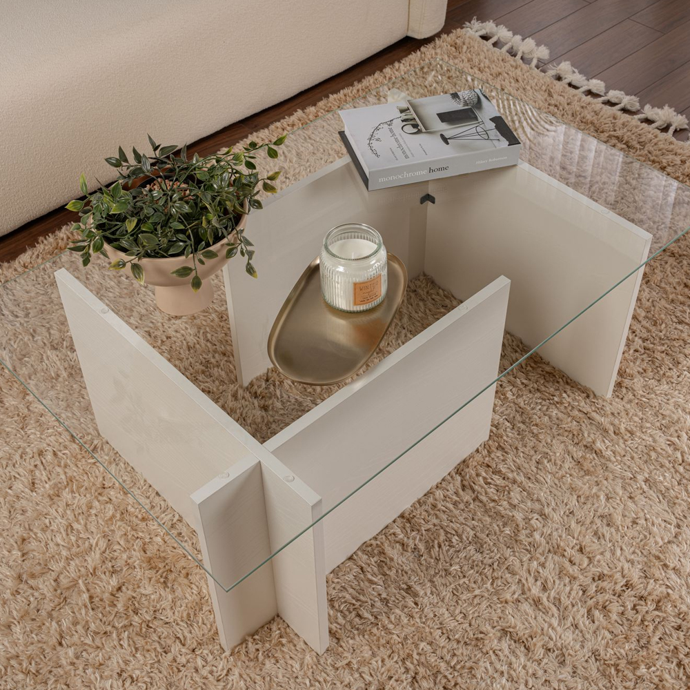 Vetrio Rectangular Clear Glass Coffee Table with White Wooden Base
