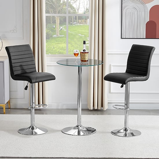 Photo of Vetro round clear glass bar table with 2 ripple black stools