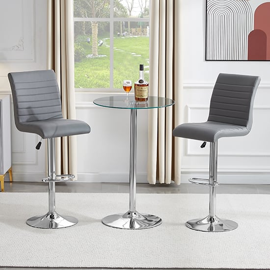 Vetro Round Clear Glass Bar Table With 2 Ripple Grey Stools