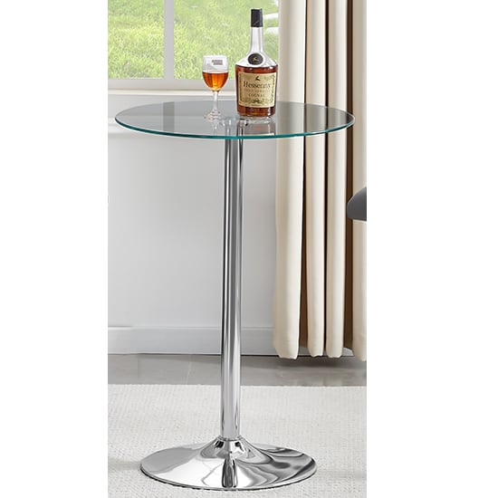 Read more about Vetro round clear glass top bar table with chrome base