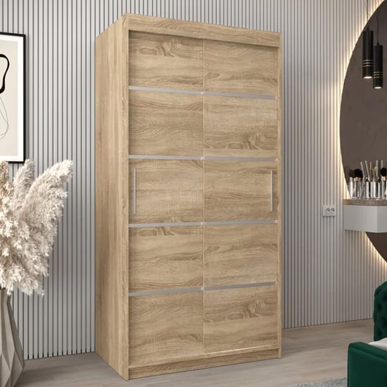 Product photograph of Vevey I Wooden Wardrobe 2 Sliding Doors 100cm In Sonoma Oak from Furniture in Fashion