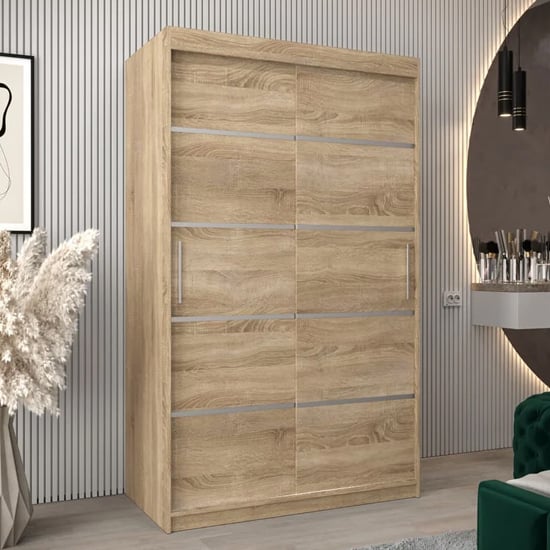 Product photograph of Vevey I Wooden Wardrobe 2 Sliding Doors 120cm In Sonoma Oak from Furniture in Fashion