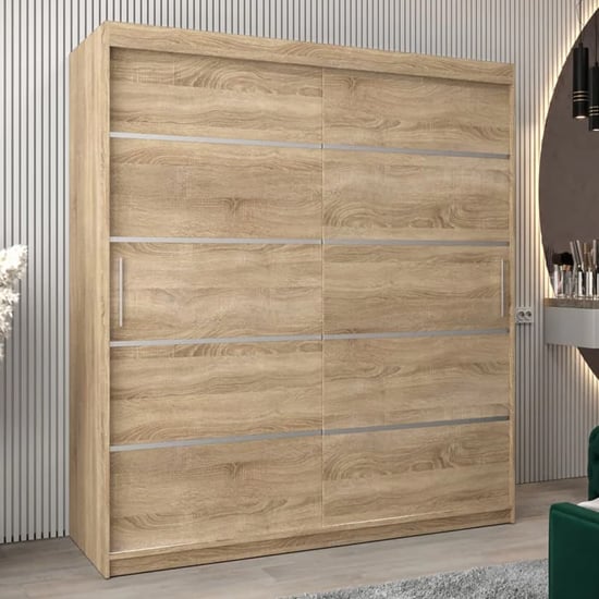 Product photograph of Vevey I Wooden Wardrobe 2 Sliding Doors 180cm In Sonoma Oak from Furniture in Fashion