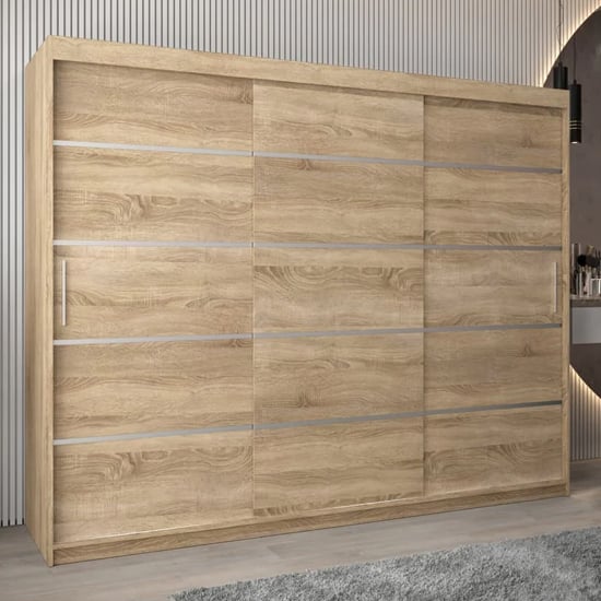 Product photograph of Vevey I Wooden Wardrobe 3 Sliding Doors 250cm In Sonoma Oak from Furniture in Fashion