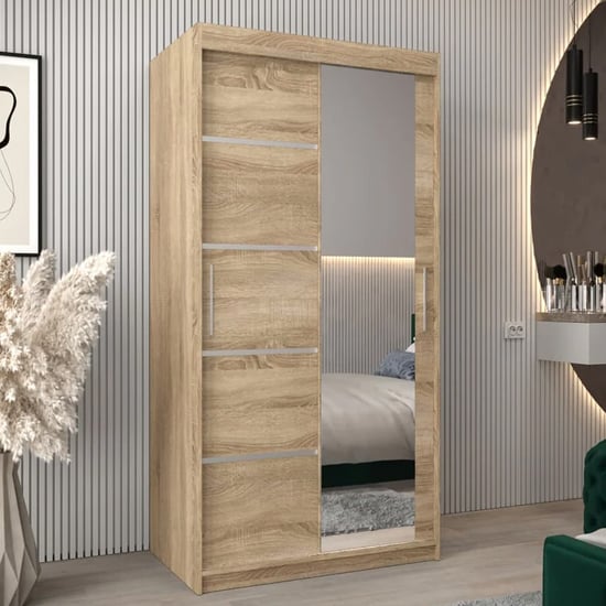 Product photograph of Vevey Ii Mirrored Wardrobe 2 Sliding Doors 100cm In Sonoma Oak from Furniture in Fashion