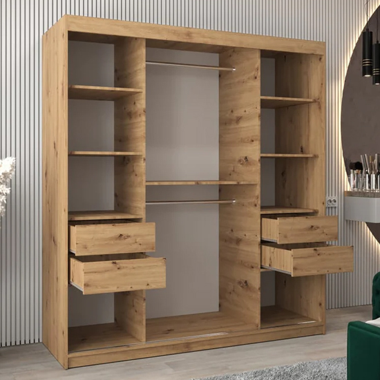 Vevey II Mirrored Wardrobe 2 Sliding Doors 180cm In Artisan Oak