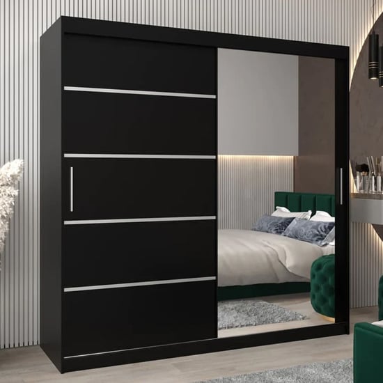 Luciano Mirrored Sliding Wardrobe Large In Black High Gloss | Furniture ...