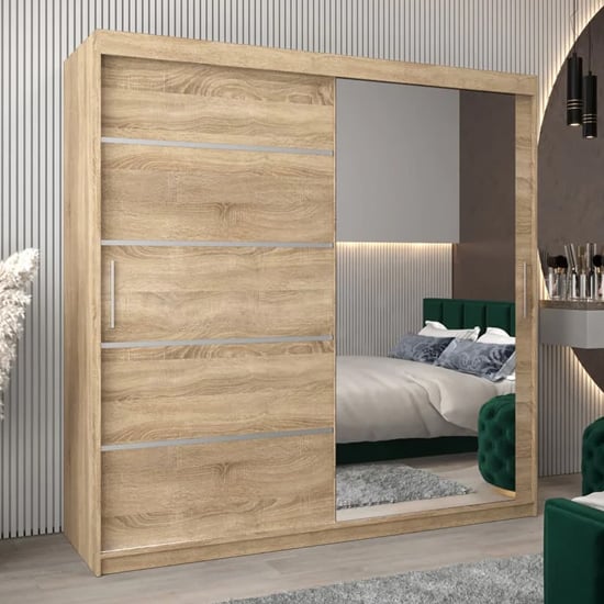 Product photograph of Vevey Ii Mirrored Wardrobe 2 Sliding Doors 200cm In Sonoma Oak from Furniture in Fashion