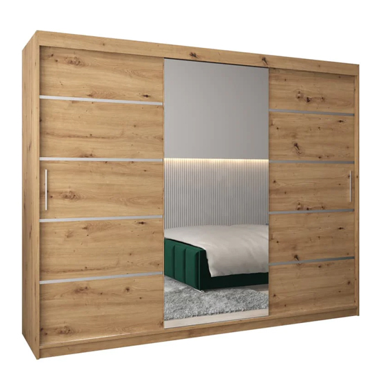 Vevey II Mirrored Wardrobe 3 Sliding Doors 250cm In Artisan Oak