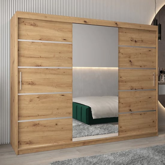 Product photograph of Vevey Ii Mirrored Wardrobe 3 Sliding Doors 250cm In Artisan Oak from Furniture in Fashion