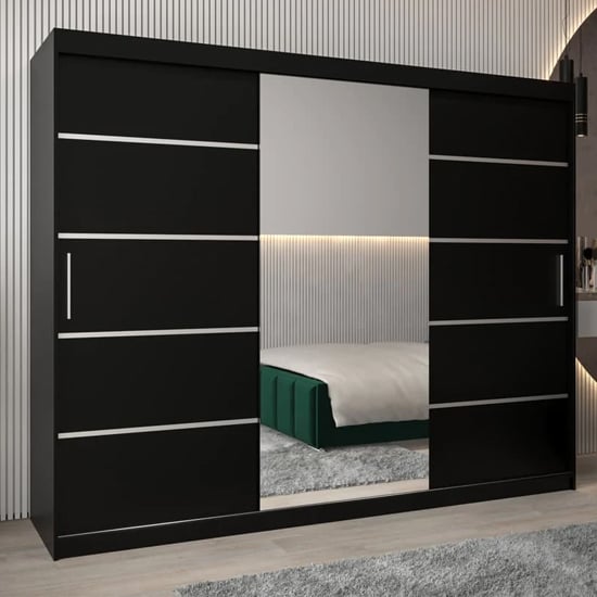 Product photograph of Vevey Ii Mirrored Wardrobe 3 Sliding Doors 250cm In Black from Furniture in Fashion