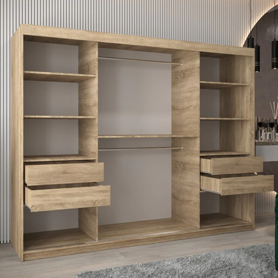 Vevey II Mirrored Wardrobe 3 Sliding Doors 250cm In Sonoma Oak