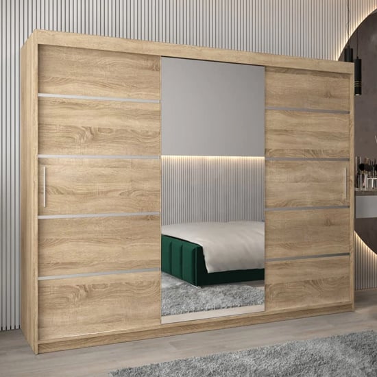Read more about Vevey ii mirrored wardrobe 3 sliding doors 250cm in sonoma oak