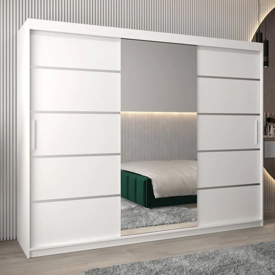 Product photograph of Vevey Ii Mirrored Wardrobe 3 Sliding Doors 250cm In White from Furniture in Fashion