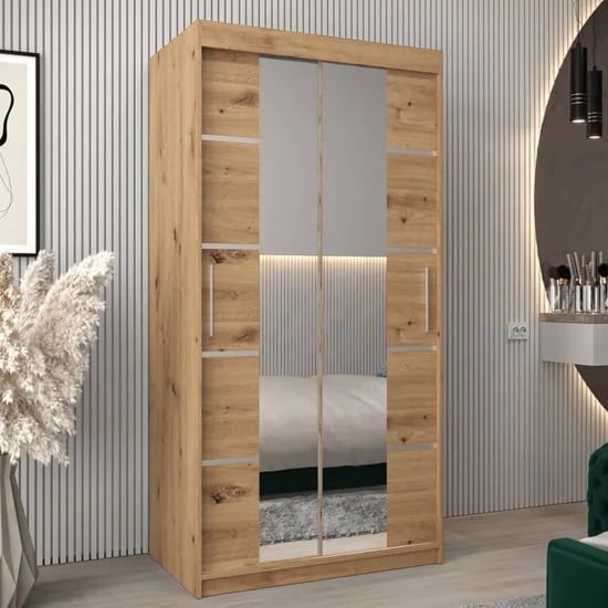 Product photograph of Vevey Iii Mirrored Wardrobe 2 Sliding Doors 100cm In Artisan Oak from Furniture in Fashion