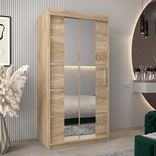 Product photograph of Vevey Iii Mirrored Wardrobe 2 Sliding Doors 100cm In Sonoma Oak from Furniture in Fashion