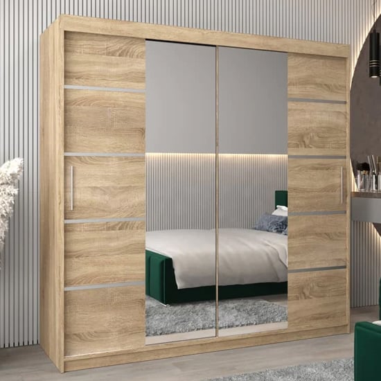 Product photograph of Vevey Iii Mirrored Wardrobe 2 Sliding Doors 200cm In Sonoma Oak from Furniture in Fashion