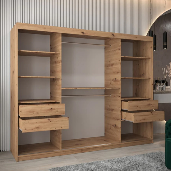 Vevey III Mirrored Wardrobe 3 Sliding Doors 250cm In Artisan Oak