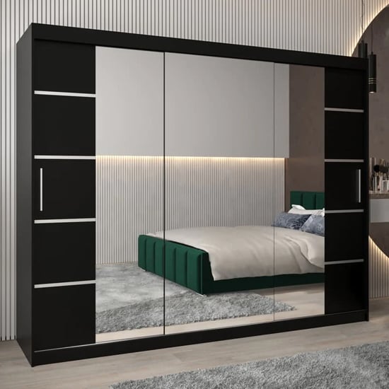 Product photograph of Vevey Iii Mirrored Wardrobe 3 Sliding Doors 250cm In Black from Furniture in Fashion