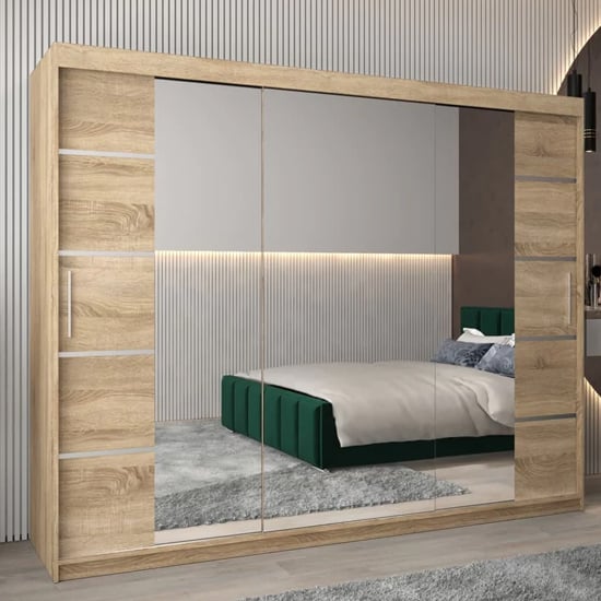 Read more about Vevey iii mirrored wardrobe 3 sliding doors 250cm in sonoma oak