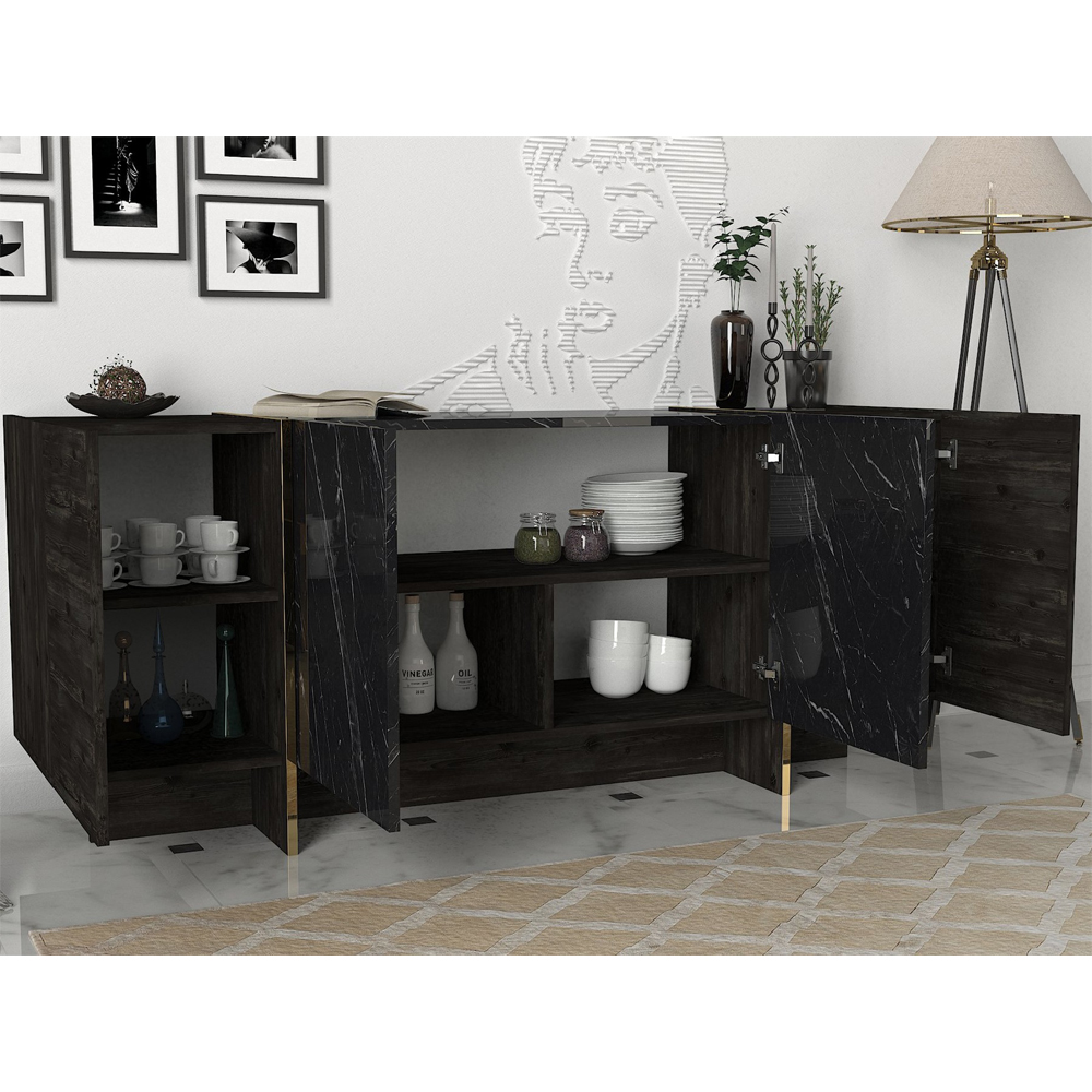 Veyron Wooden Sideboard with 4 Doors in Black and Gold