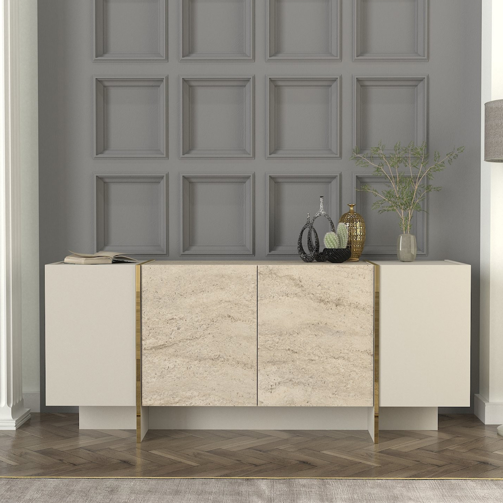 Veyron Wooden Sideboard with 4 Doors in Stone and Travertine Marble Effect