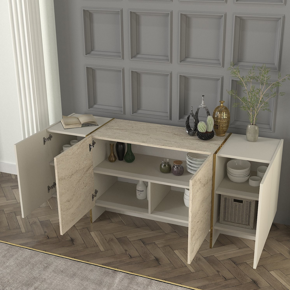 Veyron Wooden Sideboard with 4 Doors in Stone and Travertine Marble Effect