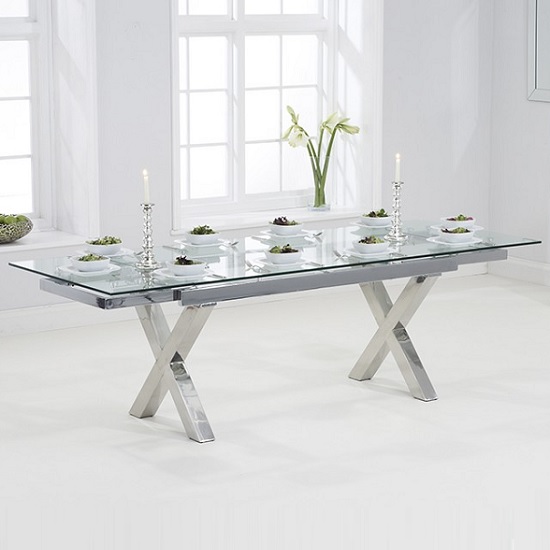 Viano Extending Glass Dining Table In Clear With Steel Base Furniture