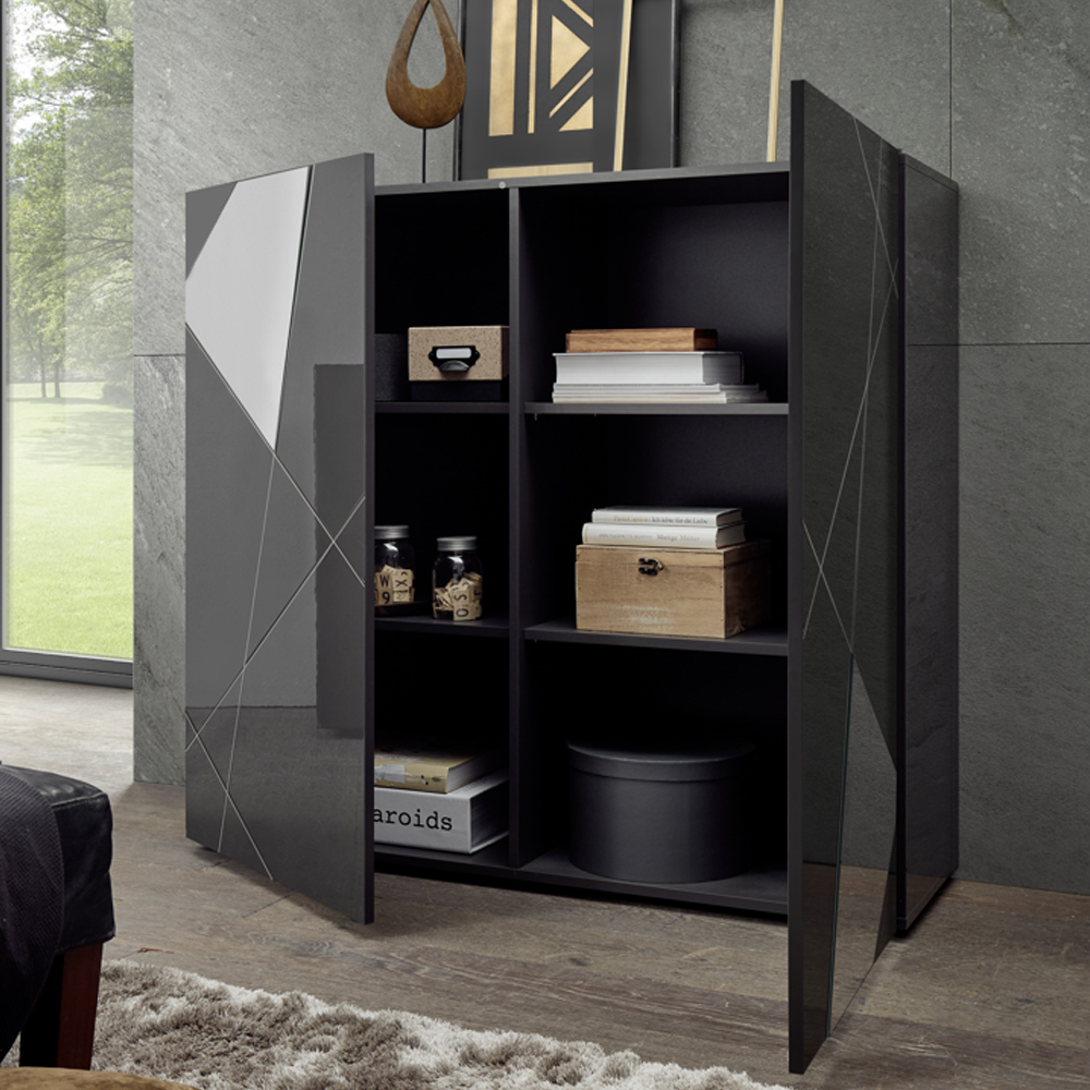 Victoria Mirrored High Gloss Highboard With 2 Doors In Grey
