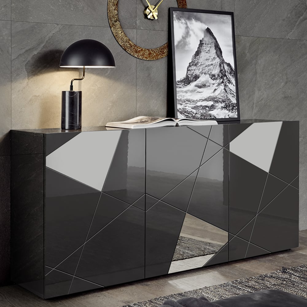 Product photograph of Victoria Mirrored High Gloss Sideboard With 3 Doors In Grey from Furniture in Fashion