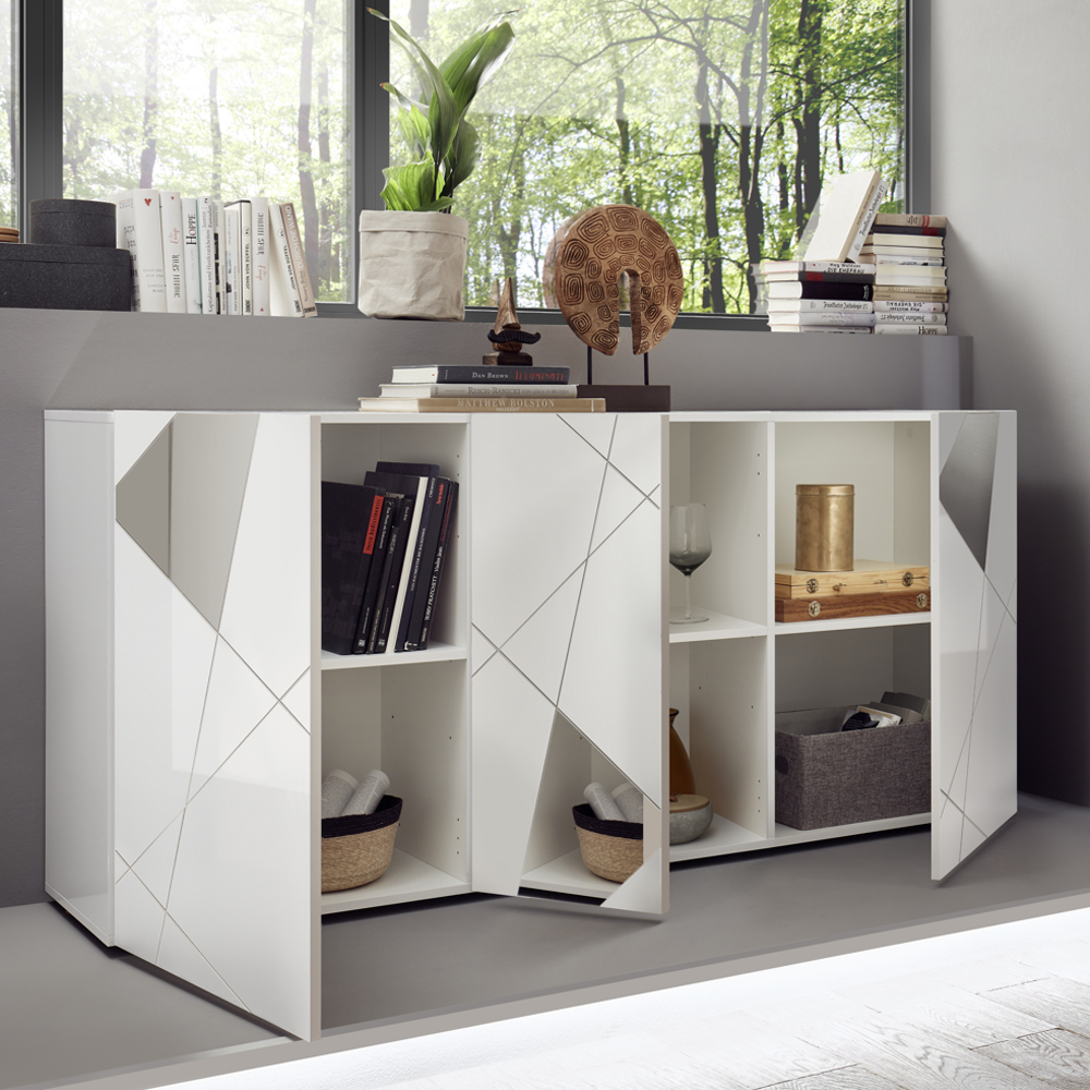 Victoria Mirrored High Gloss Sideboard With 3 Doors In White
