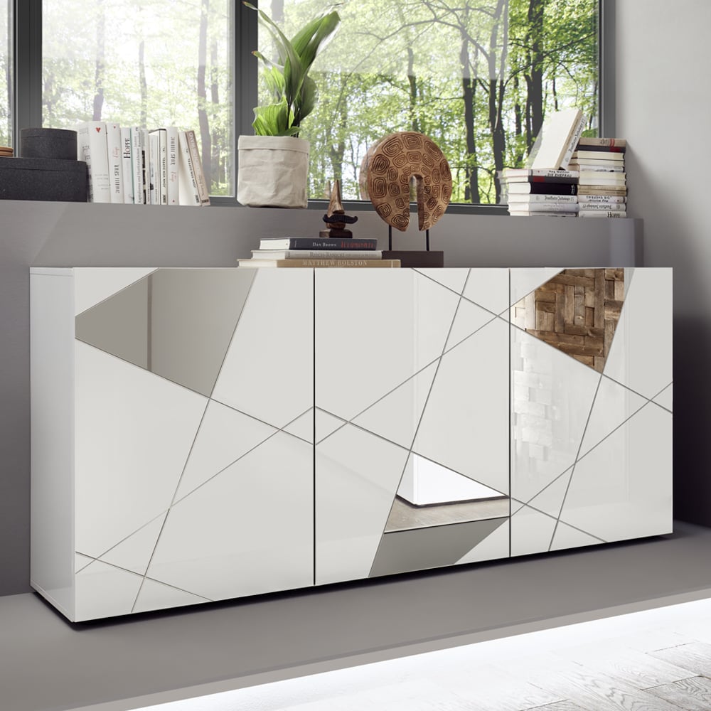 Product photograph of Victoria Mirrored High Gloss Sideboard With 3 Doors In White from Furniture in Fashion