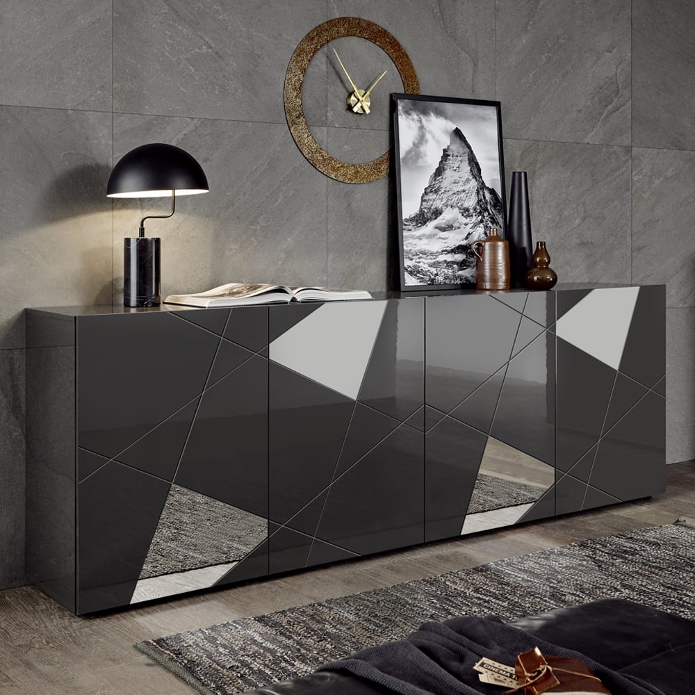 Product photograph of Victoria Mirrored High Gloss Sideboard With 4 Doors In Grey from Furniture in Fashion