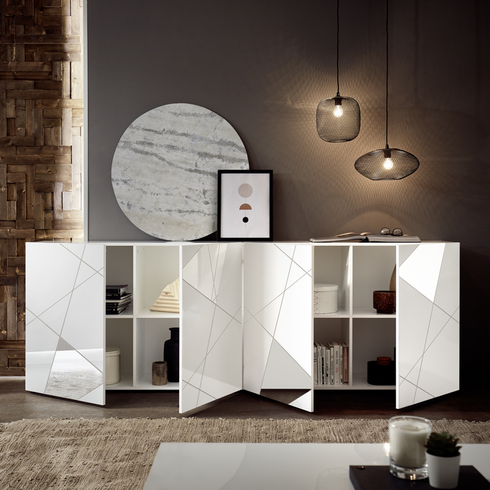 Victoria Mirrored High Gloss Sideboard With 4 Doors In White