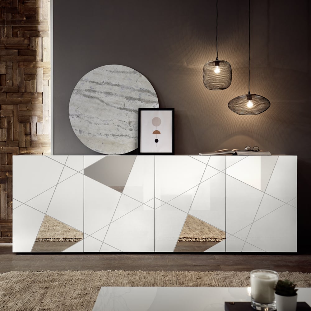Product photograph of Victoria Mirrored High Gloss Sideboard With 4 Doors In White from Furniture in Fashion