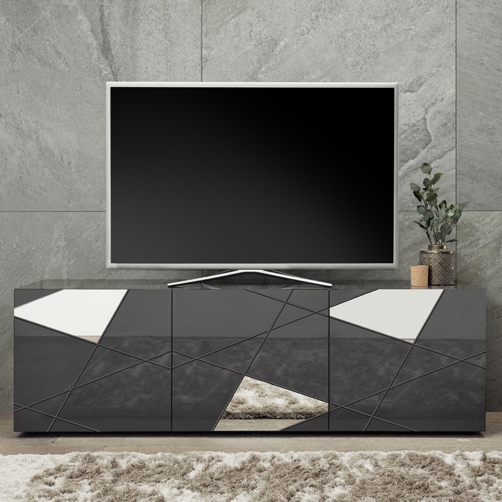 Victoria Mirrored High Gloss TV Stand With 3 Doors In Grey