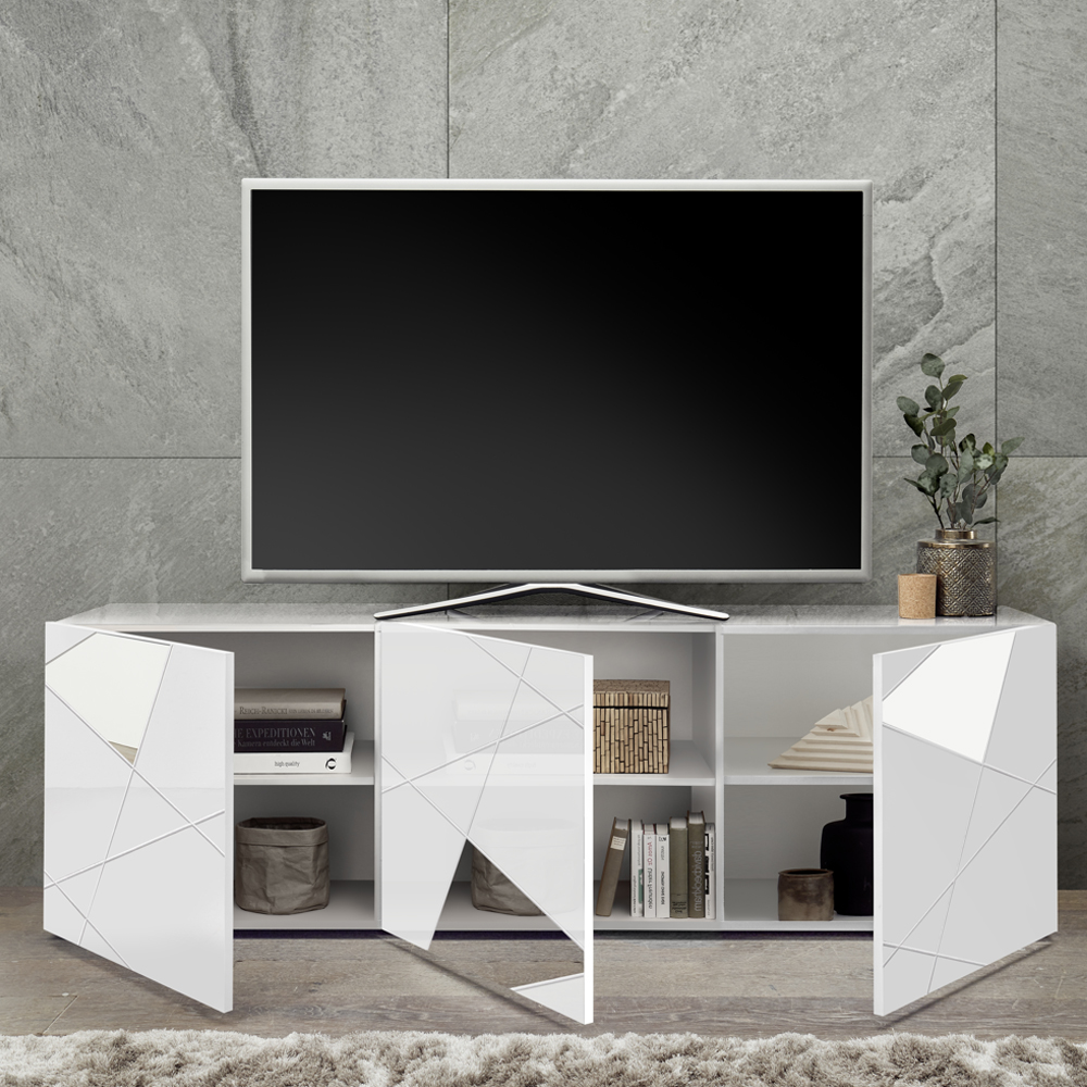 Victoria Mirrored High Gloss TV Stand With 3 Doors In White