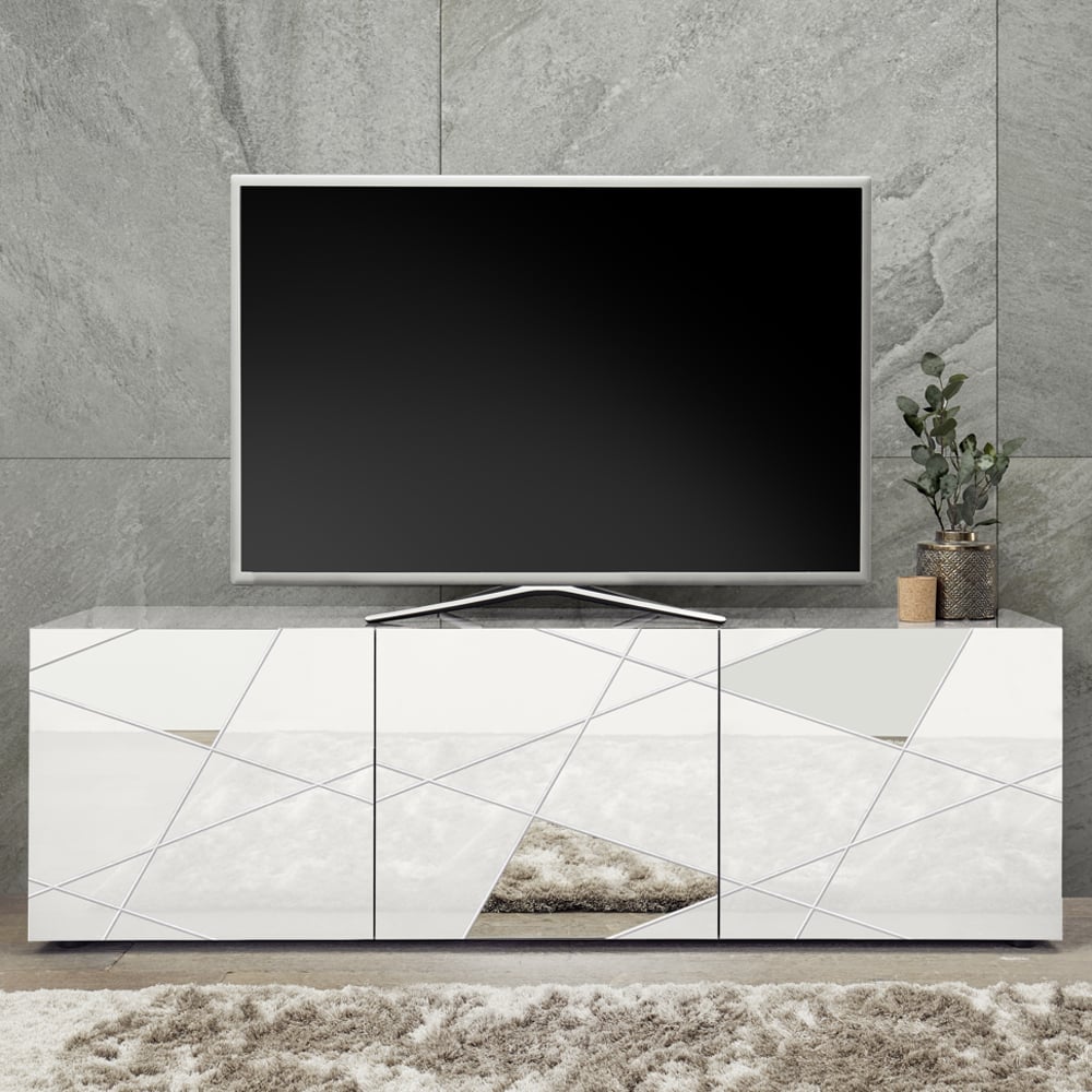 Victoria Mirrored High Gloss TV Stand With 3 Doors In White