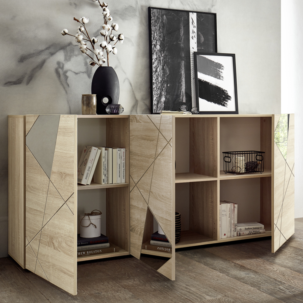 Victoria Mirrored Wooden Sideboard With 3 Doors In Sonoma Oak