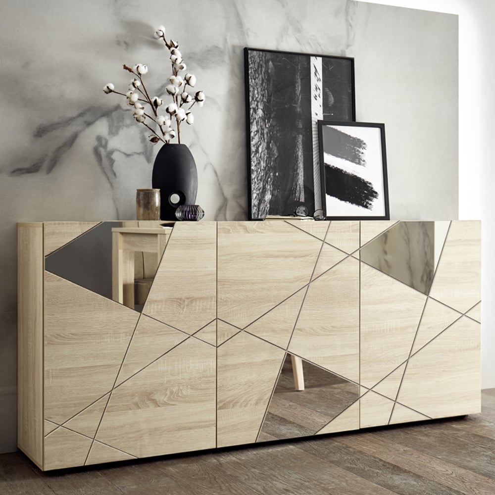 Product photograph of Victoria Mirrored Wooden Sideboard With 3 Doors In Sonoma Oak from Furniture in Fashion