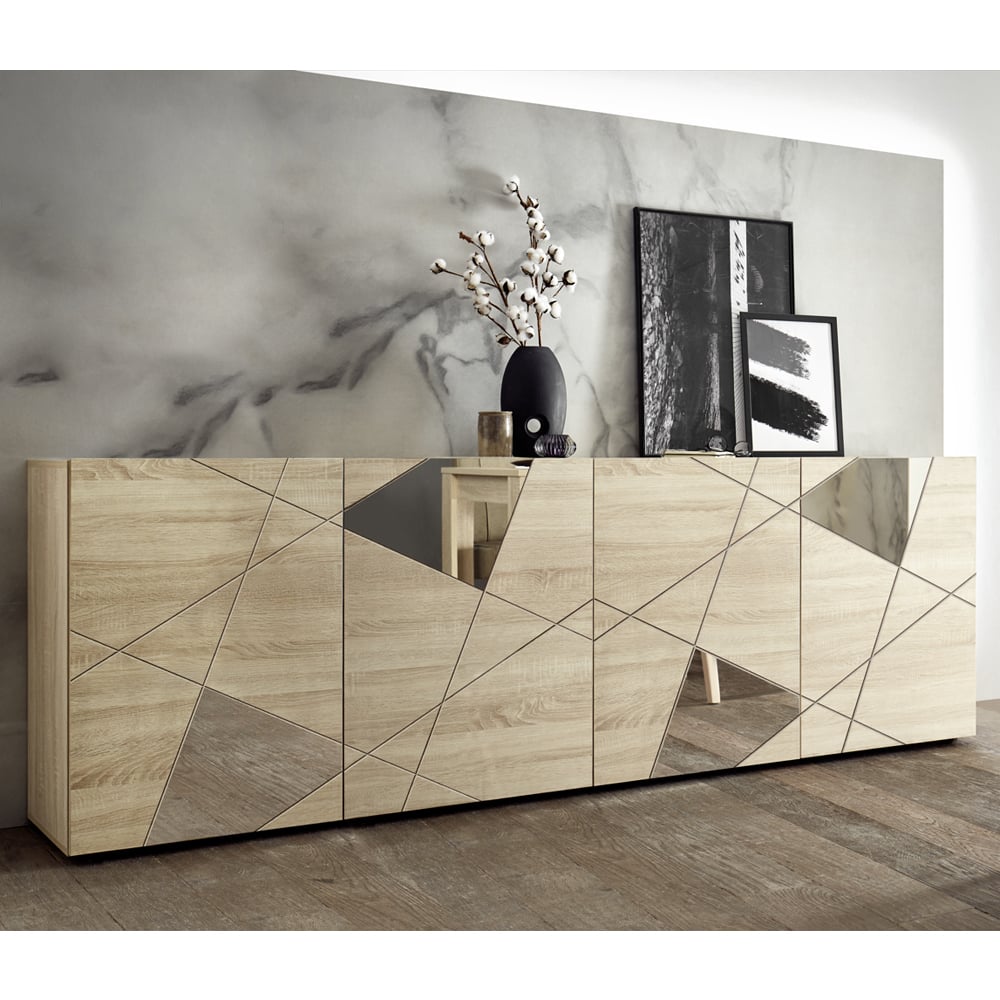 Product photograph of Victoria Mirrored Wooden Sideboard With 4 Doors In Sonoma Oak from Furniture in Fashion