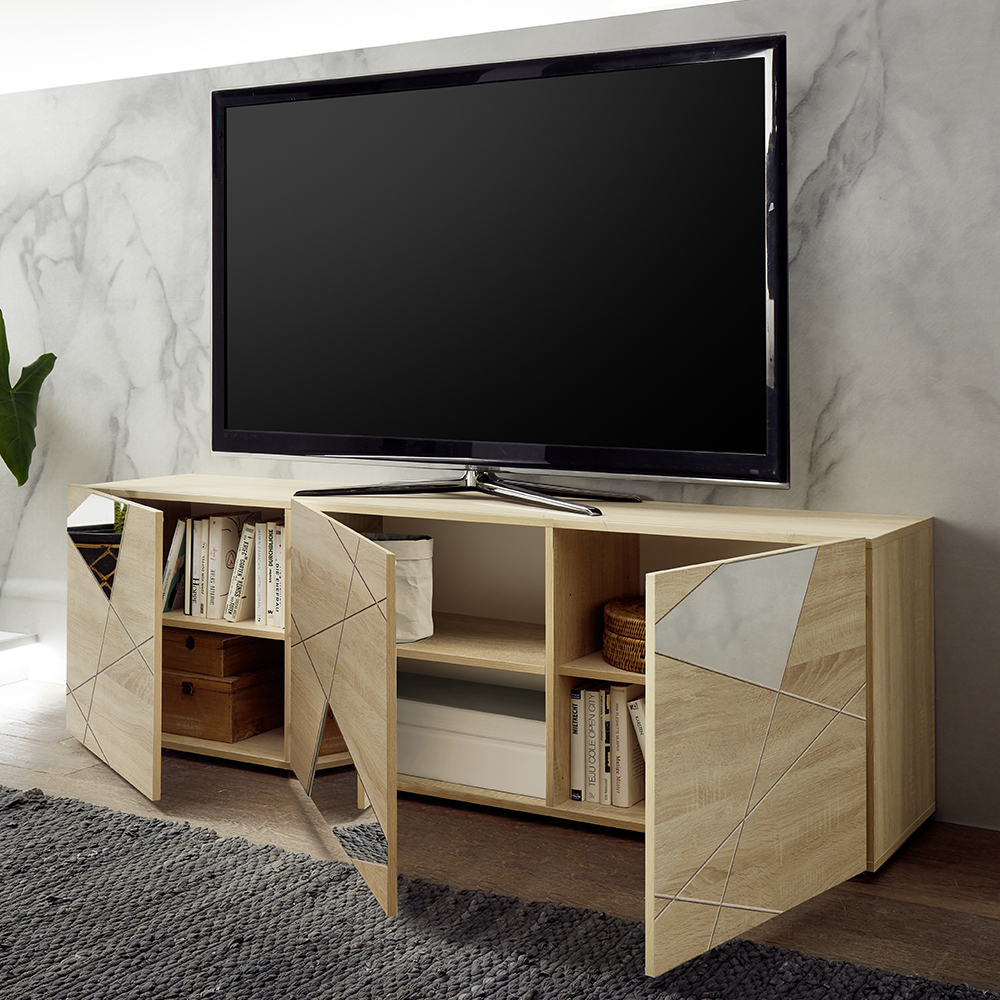 Victoria Mirrored Wooden TV Stand With 3 Doors In Sonoma Oak