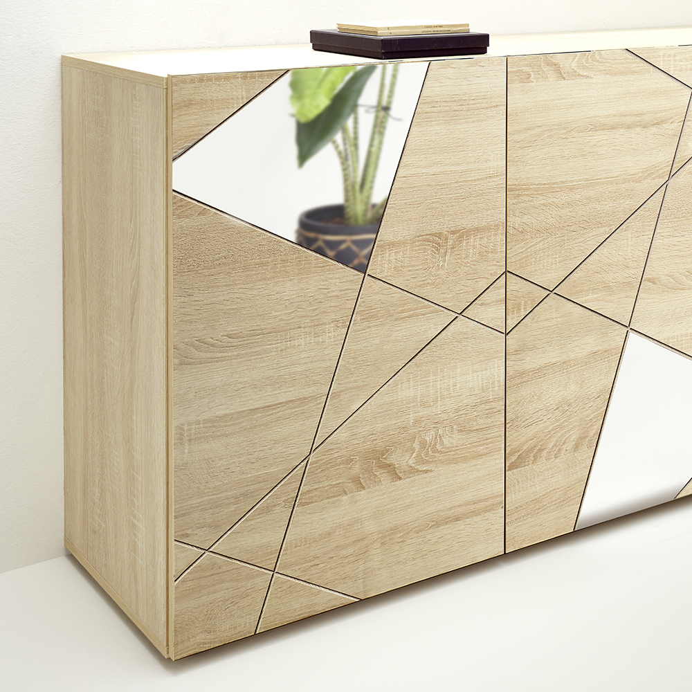 Victoria Mirrored Wooden TV Stand With 3 Doors In Sonoma Oak