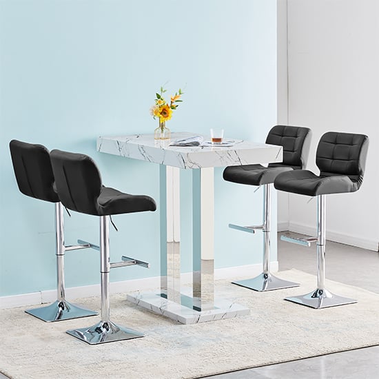 Product photograph of Vida Marble Effect High Gloss Bar Table 4 Candid Black Stools from Furniture in Fashion