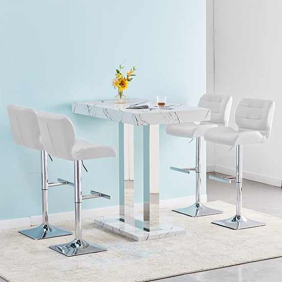 Read more about Vida marble effect high gloss bar table 4 candid white stools