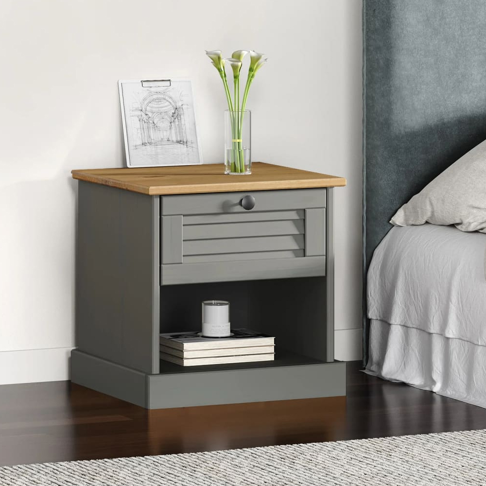 Read more about Vidor wooden bedside cabinet with 1 drawer in grey brown