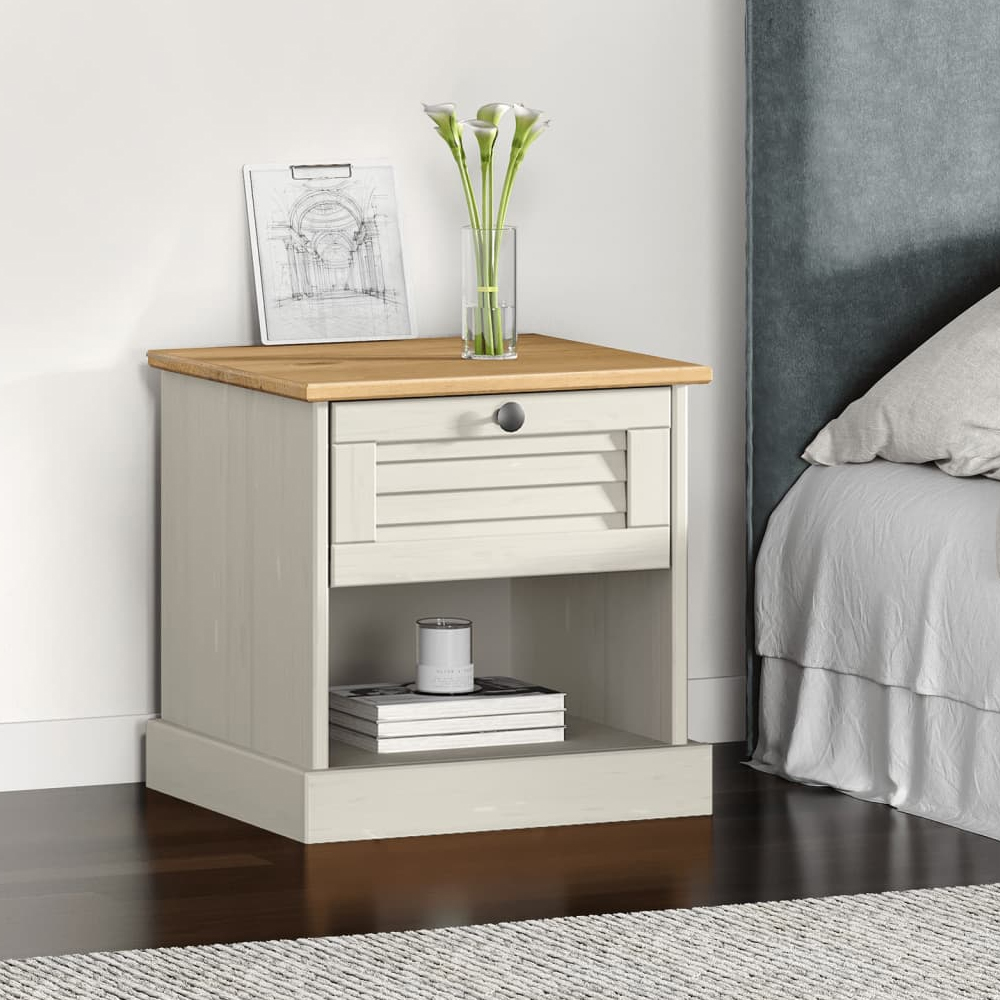 Read more about Vidor wooden bedside cabinet with 1 drawer in white brown