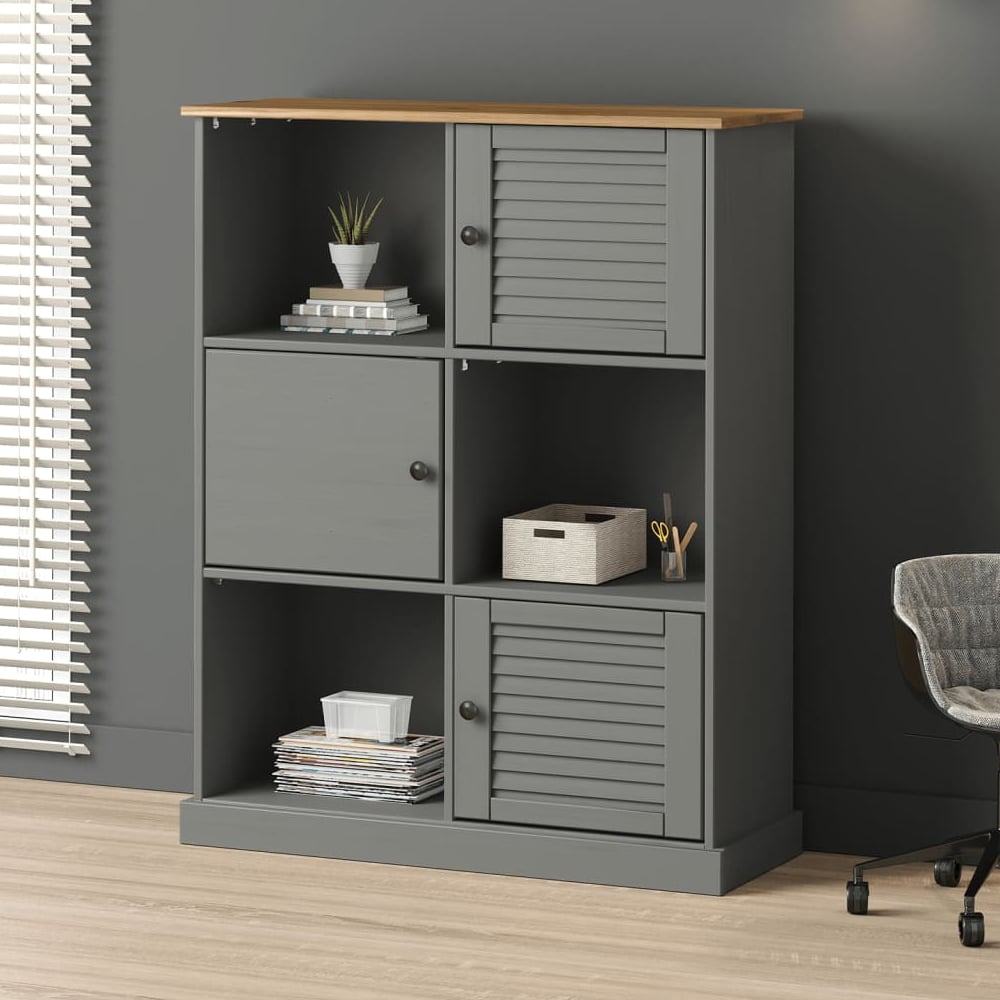 Read more about Vidor wooden bookcase with 3 doors in grey brown