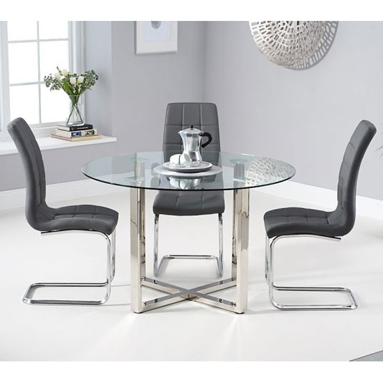 Vidra Round Clear Glass Dining Table With Chrome Crossed Base_3